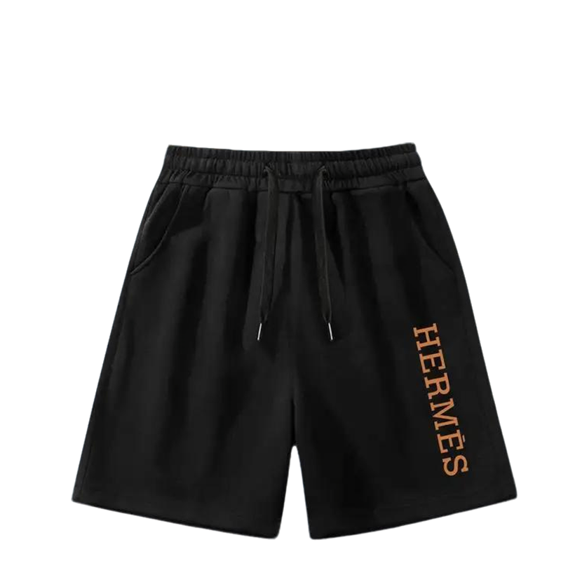 Hermès Men's Black Drawstring Shorts with Orange Brand Print