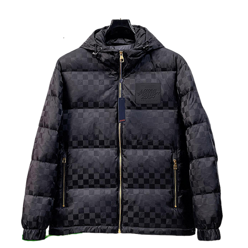 Louis Vuitton Black Checkered Hooded Down Jacket With Brand Patch
