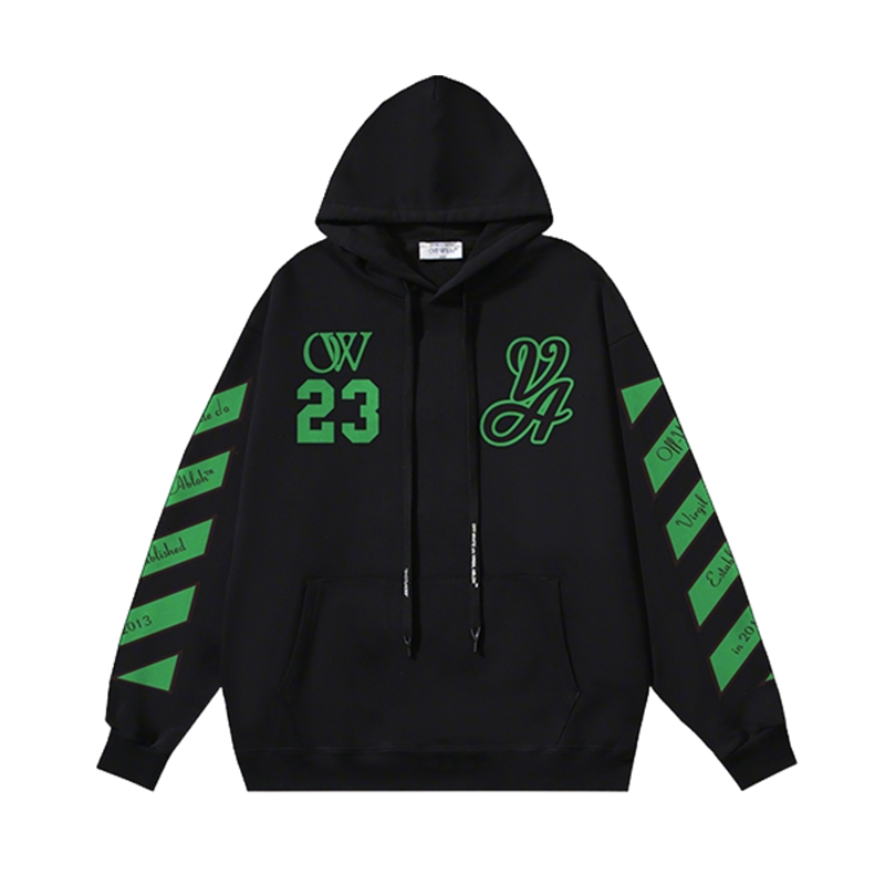 Off - White Black Hoodie With Green Graphics And Oversized Fit For Streetwear Fans