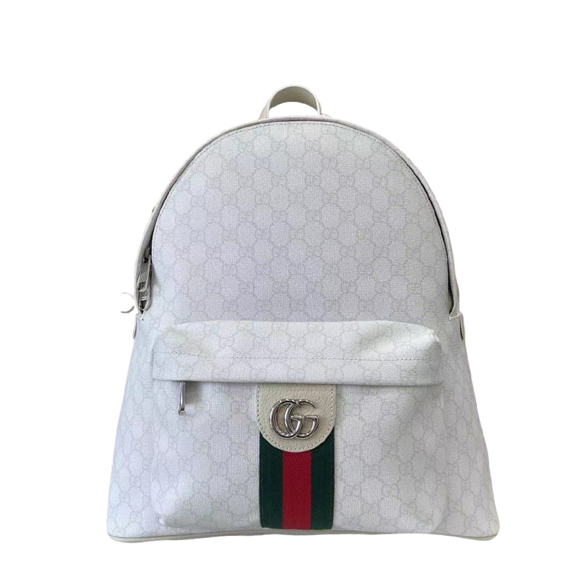 Gucci White GG Supreme Canvas Backpack With Web Stripe And Silver Tone Double G 834466