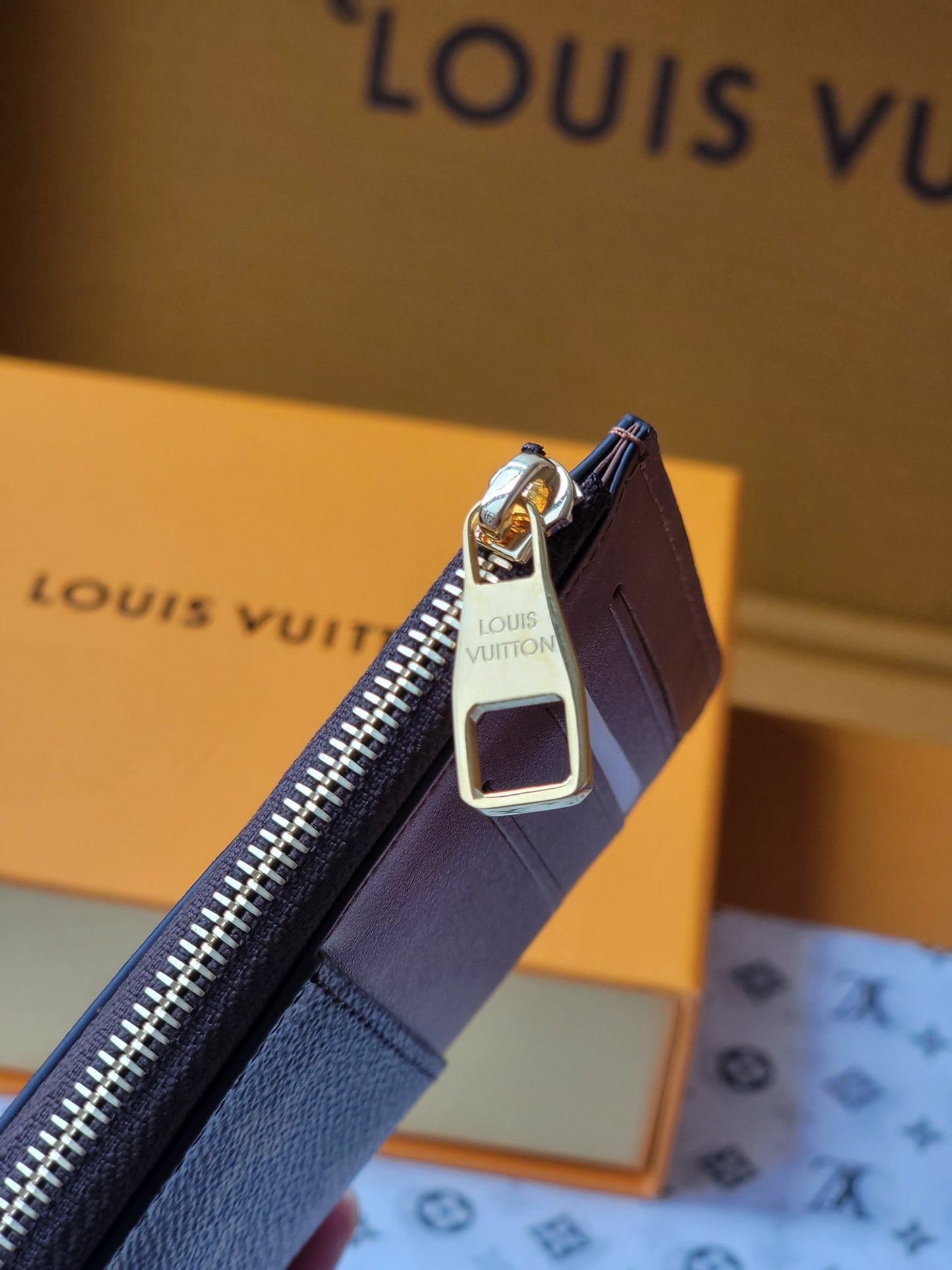 Chic Louis Vuitton Monogram Card Holder With Brown Accents And Gold Zipper M80556