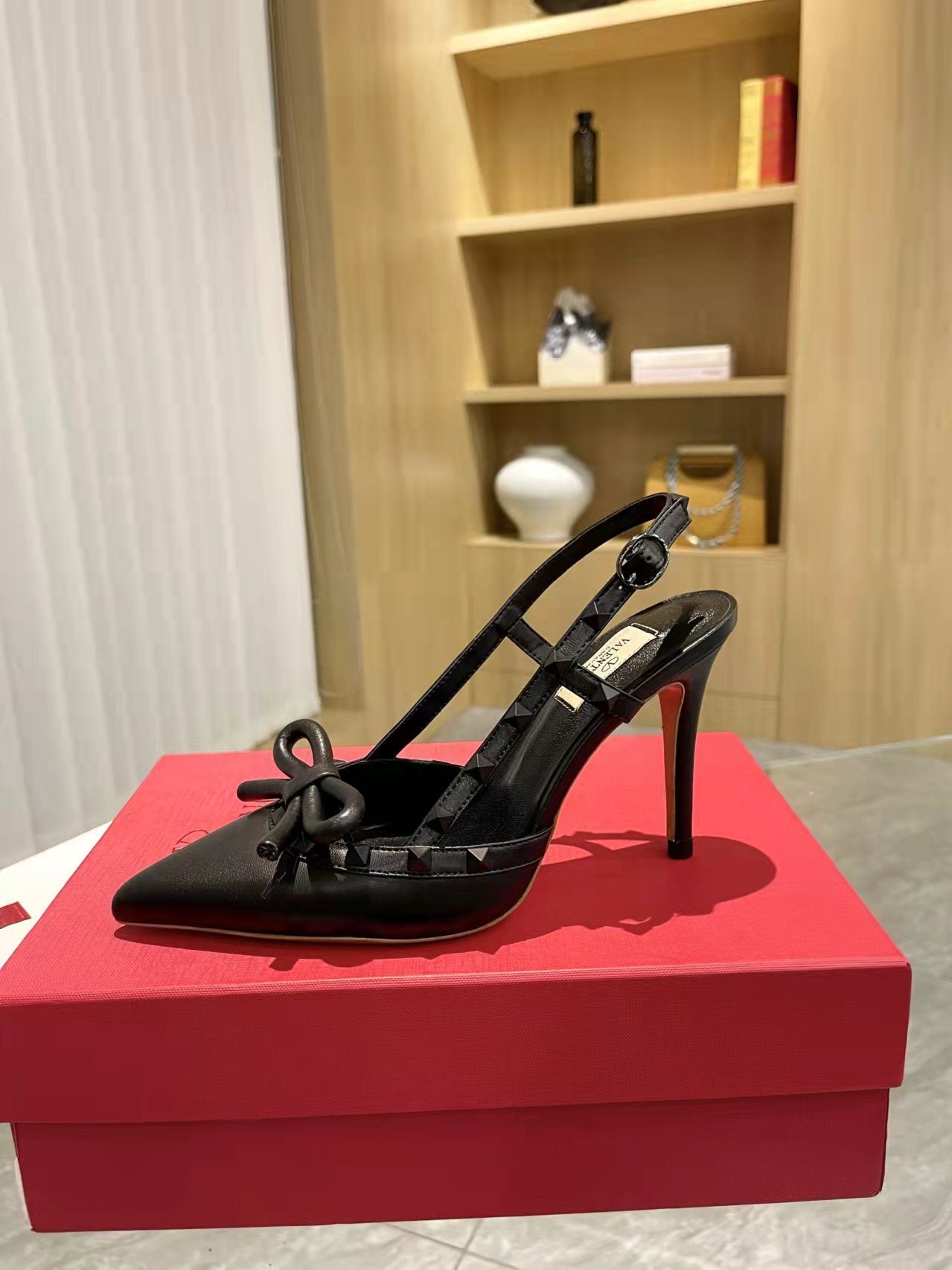 Valentino Women's Rockstud Bow Slingback Pumps Luxury Pointed Toe High Heels