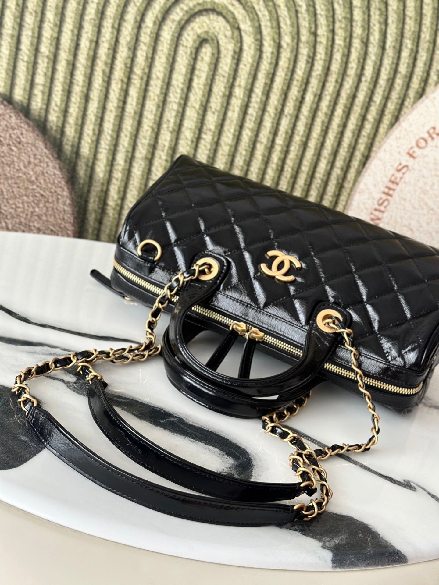Chanel Maxi Black Patent Leather Quilted Bowling Bag With Gold Hardware And CC Logo 3355