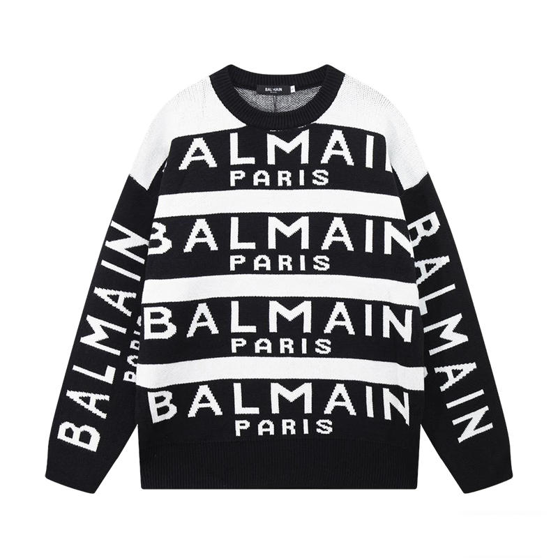 Balmain Black And White Crew Neck Sweater With All - Over Logo Print
