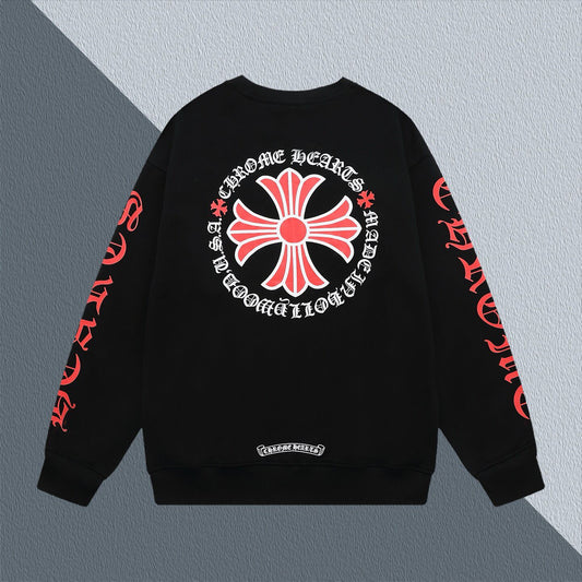 Chrome Hearts Black Crew Neck Sweatshirt With Red Cross And Gothic Sleeve Prints