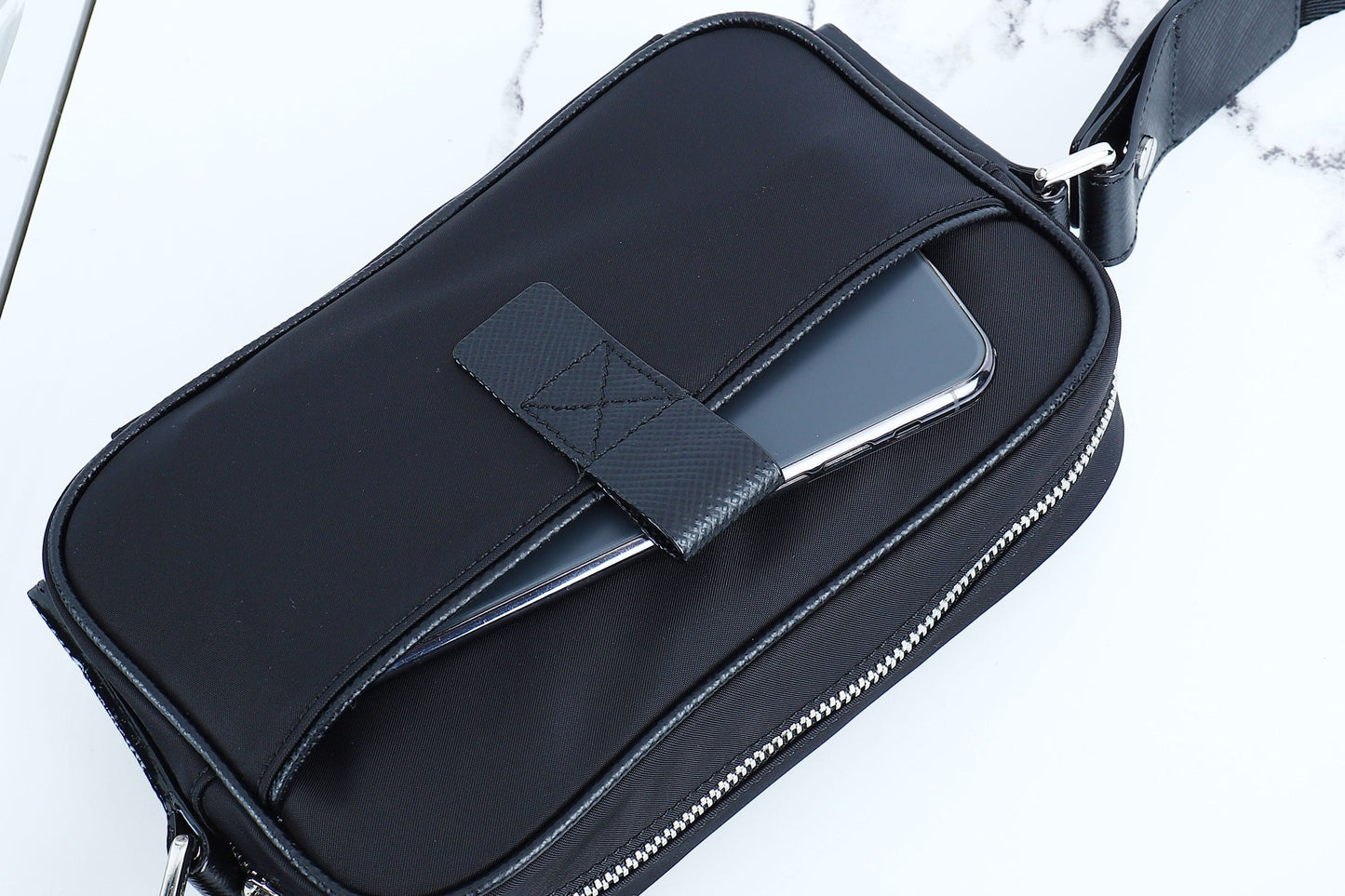 Black Bally Nylon Crossbody Bag With Striped Accent And Functional Zipper Pockets Style No.2114