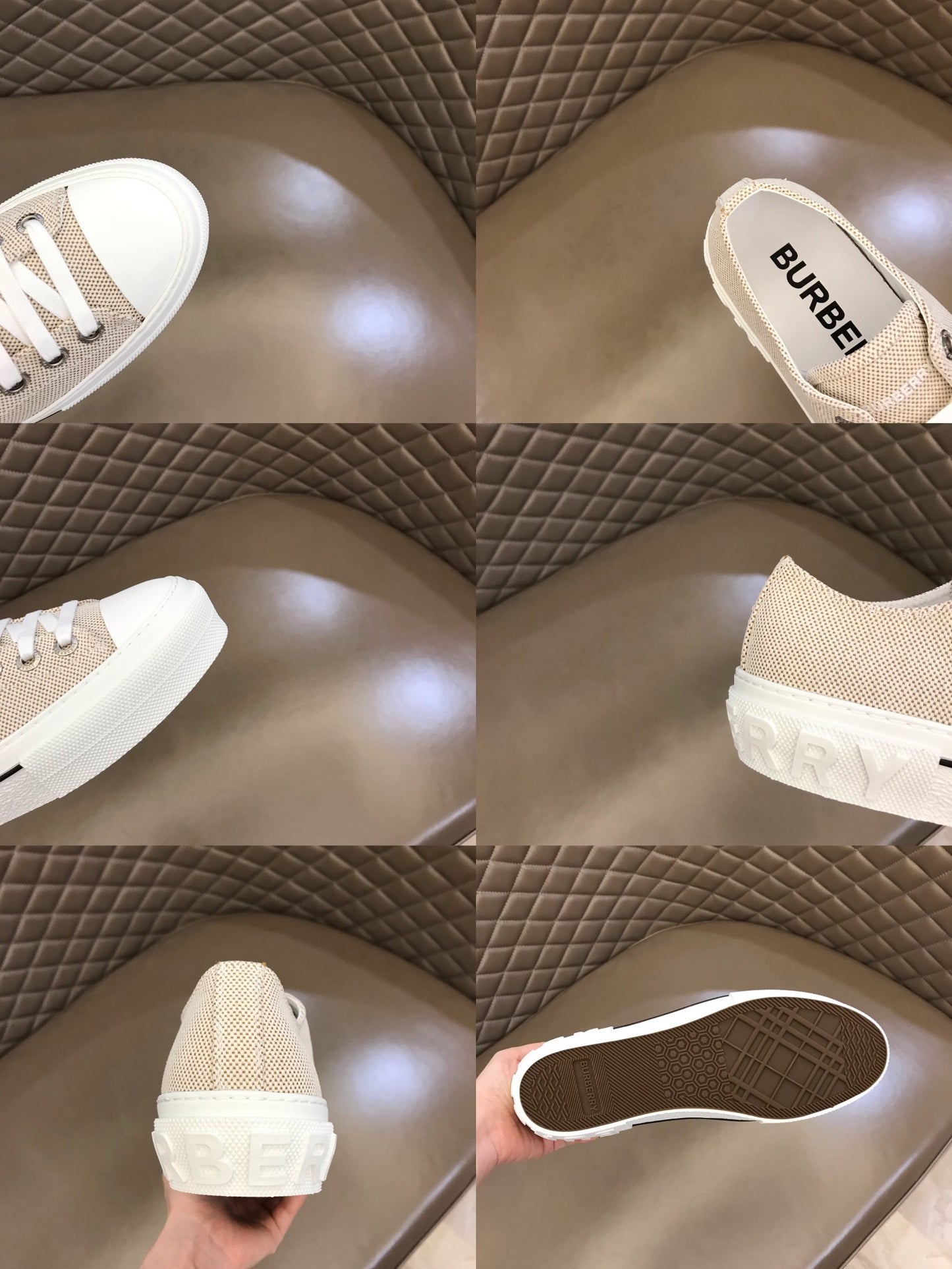 Burberry Unisex Beige Textured Canvas Sneakers Stylish Comfortable Footwear For Men And Women With Minimalist Elegance
