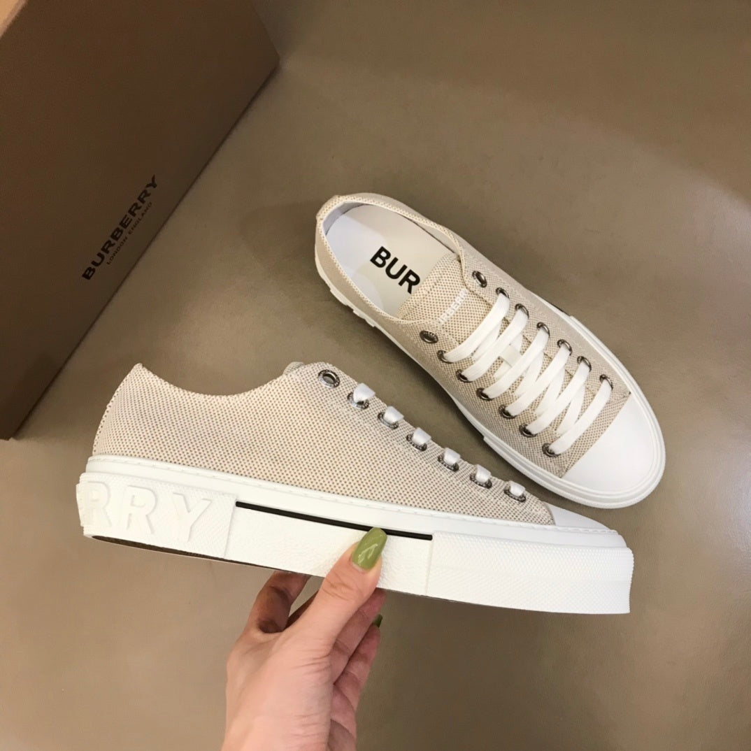 Burberry Unisex Beige Textured Canvas Sneakers Stylish Comfortable Footwear For Men And Women With Minimalist Elegance