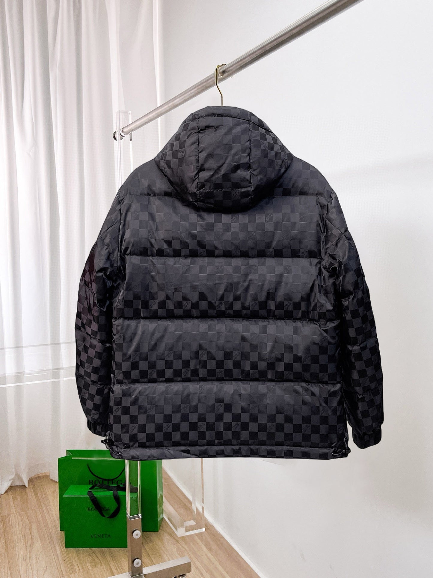 Louis Vuitton Black Checkered Hooded Down Jacket With Brand Patch