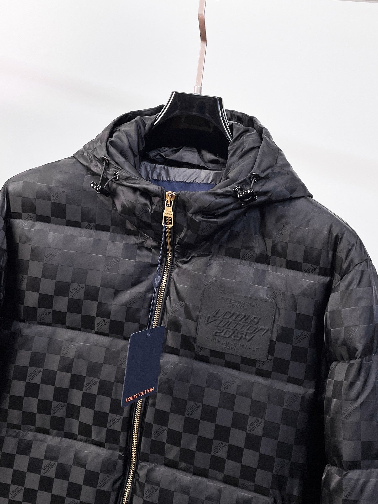 Louis Vuitton Black Checkered Hooded Down Jacket With Brand Patch