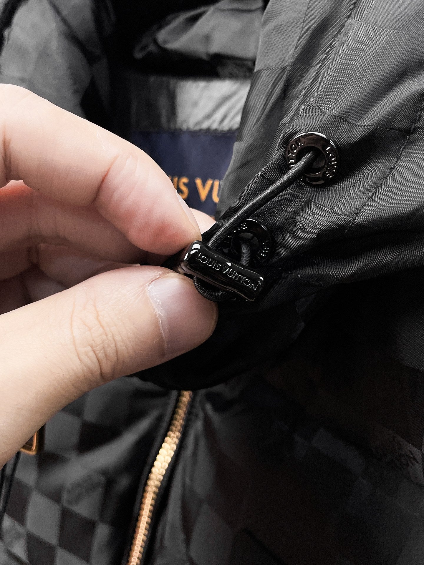 Louis Vuitton Black Checkered Hooded Down Jacket With Brand Patch