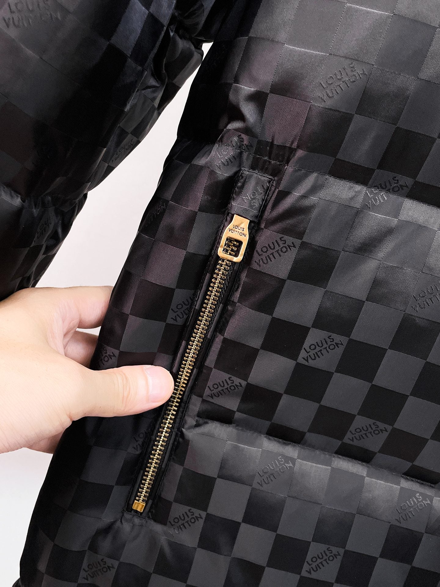 Louis Vuitton Black Checkered Hooded Down Jacket With Brand Patch