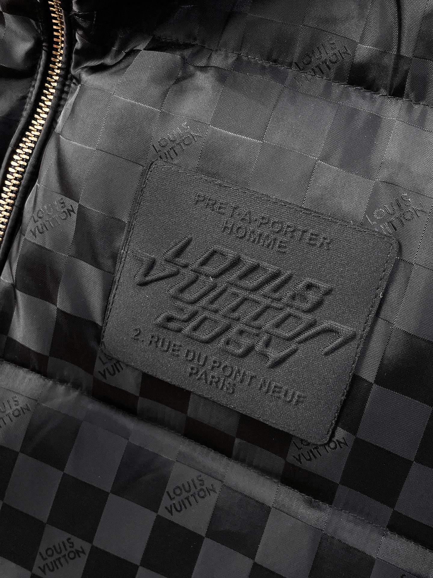 Louis Vuitton Black Checkered Hooded Down Jacket With Brand Patch