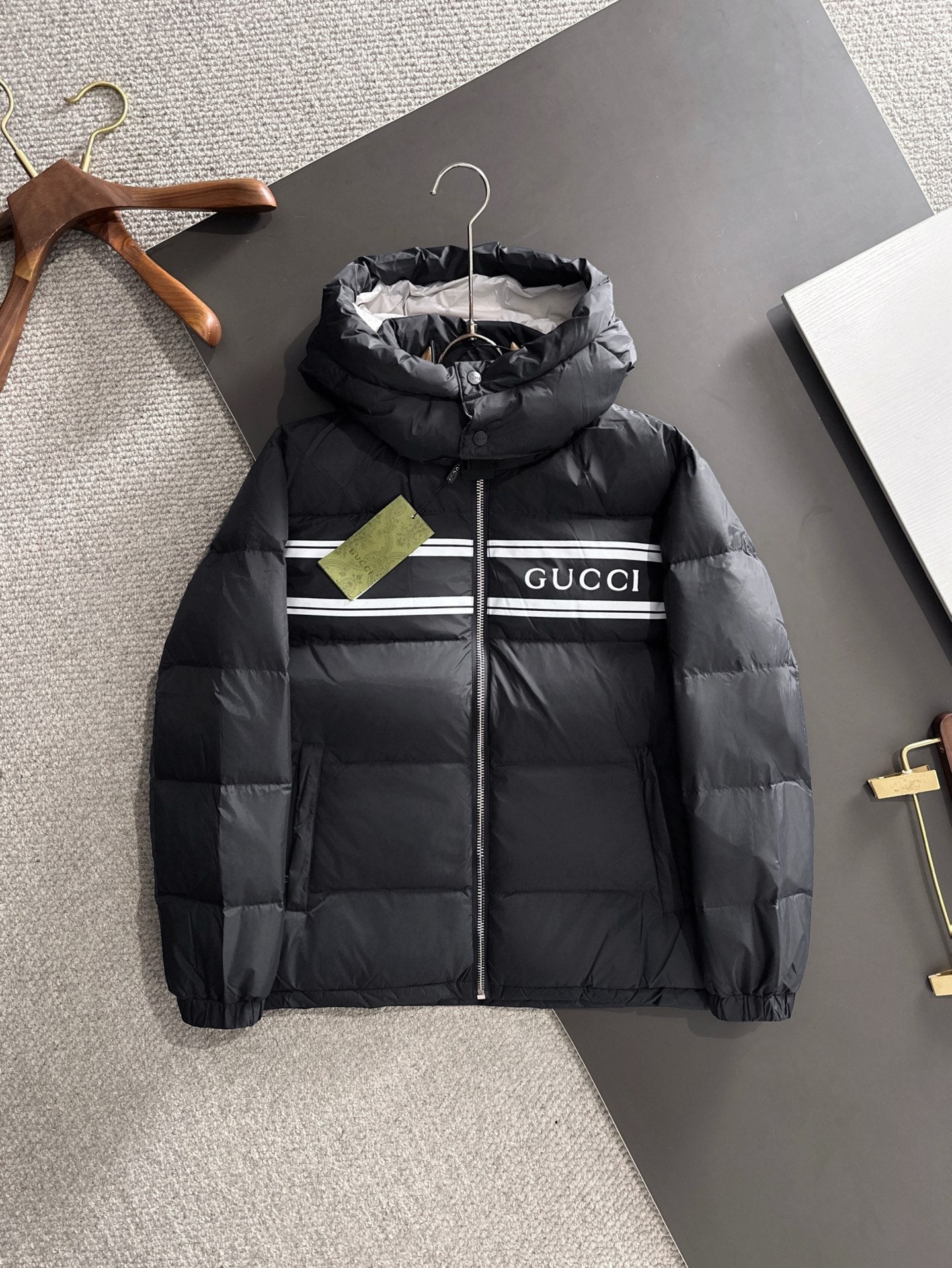 Gucci Black Hooded Down Jacket With Brand Logo Stripe