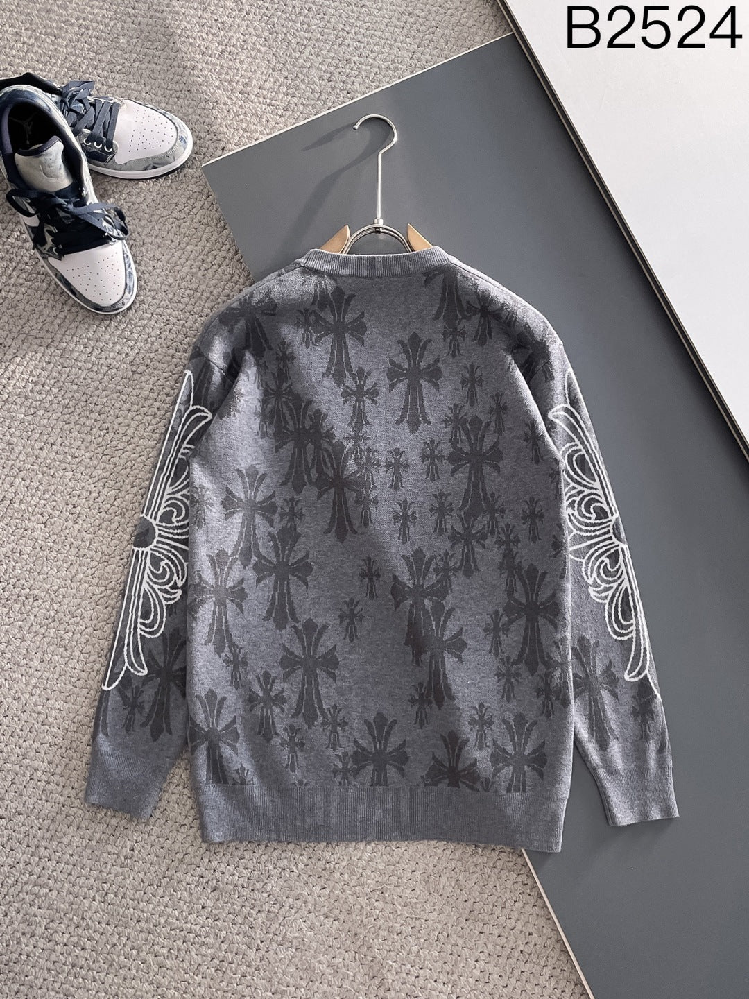 Chrome Hearts Style Grey Crew Neck Sweater With Cross And Logo Print