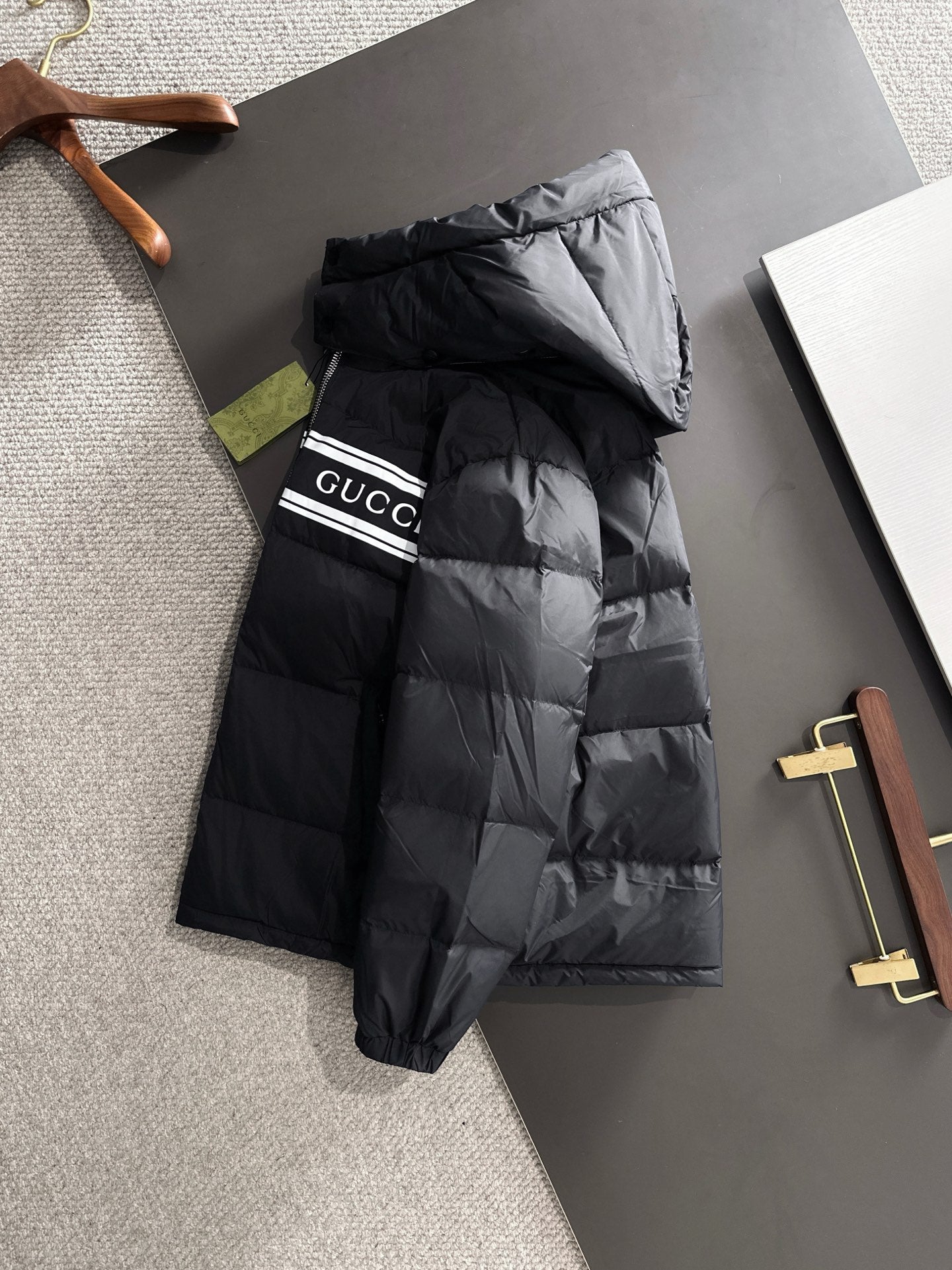 Gucci Black Hooded Down Jacket With Brand Logo Stripe