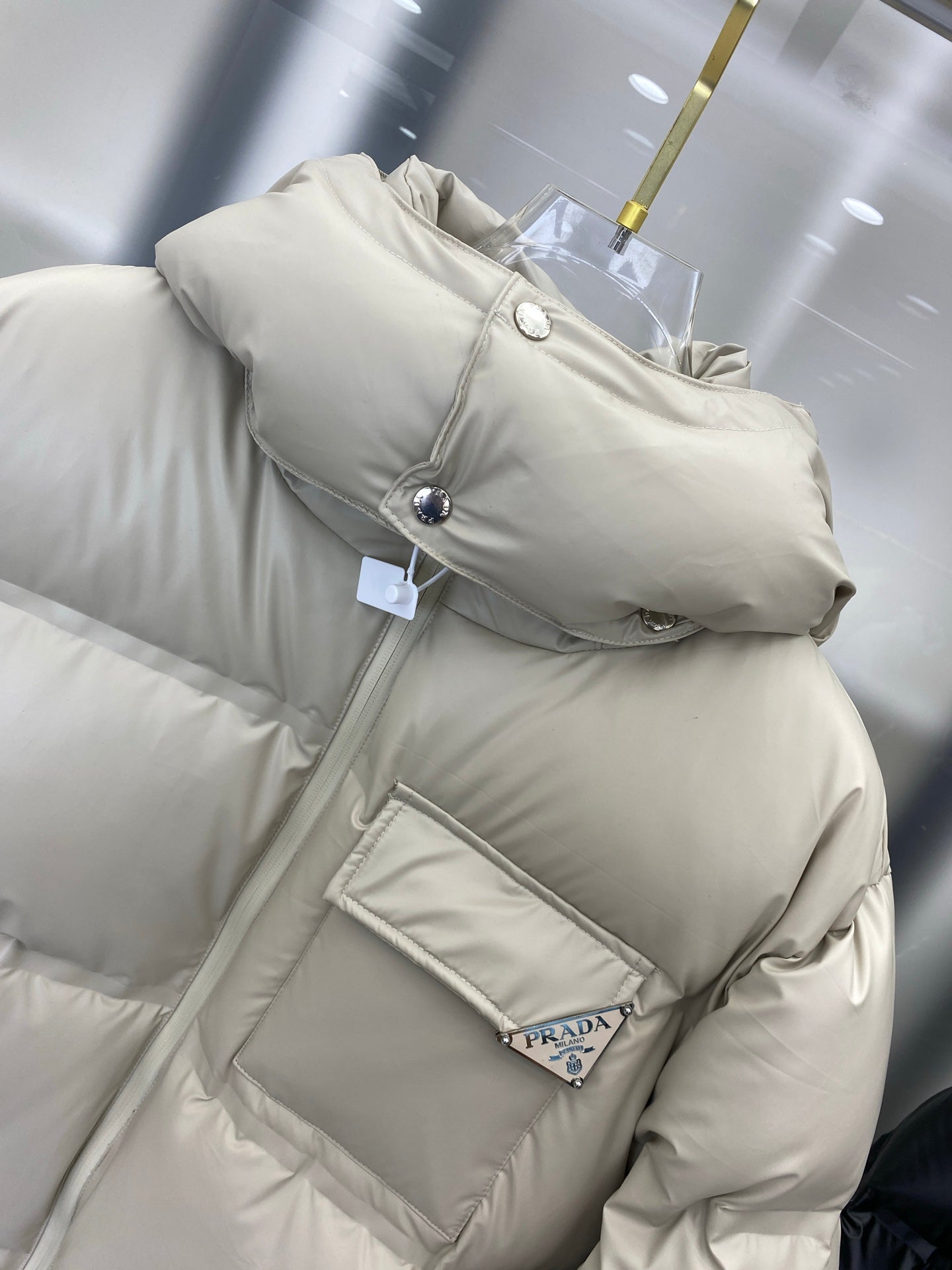 Beige Prada Hooded Puffer Jacket With Logo Pocket
