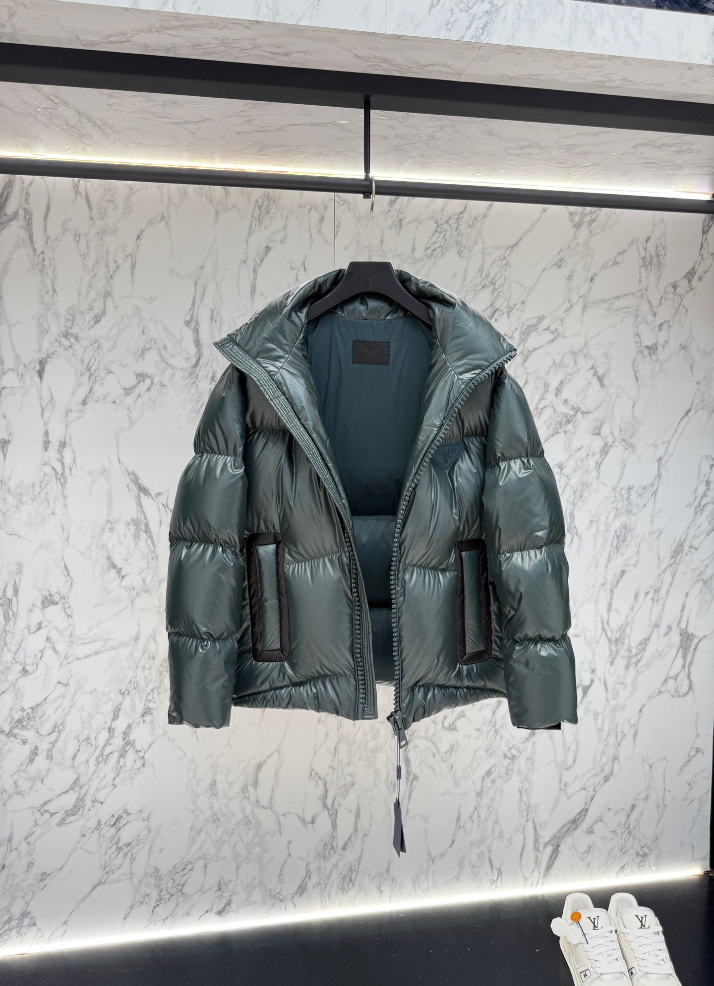 Prada Green High - Neck Down Jacket With Triangle Logo