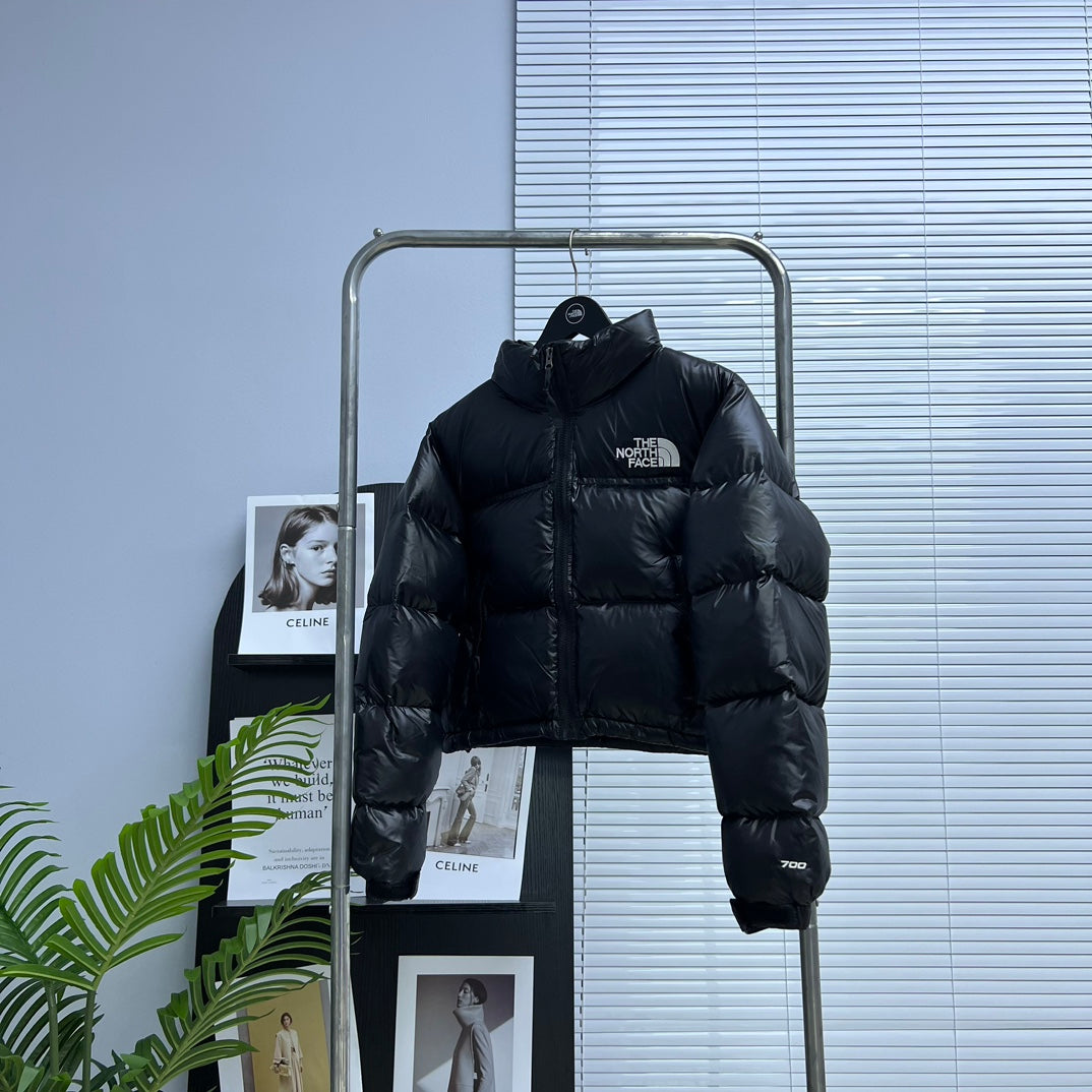 The North Face Black Glossy Cropped Nuptse Puffer Jacket For Winter Warmth