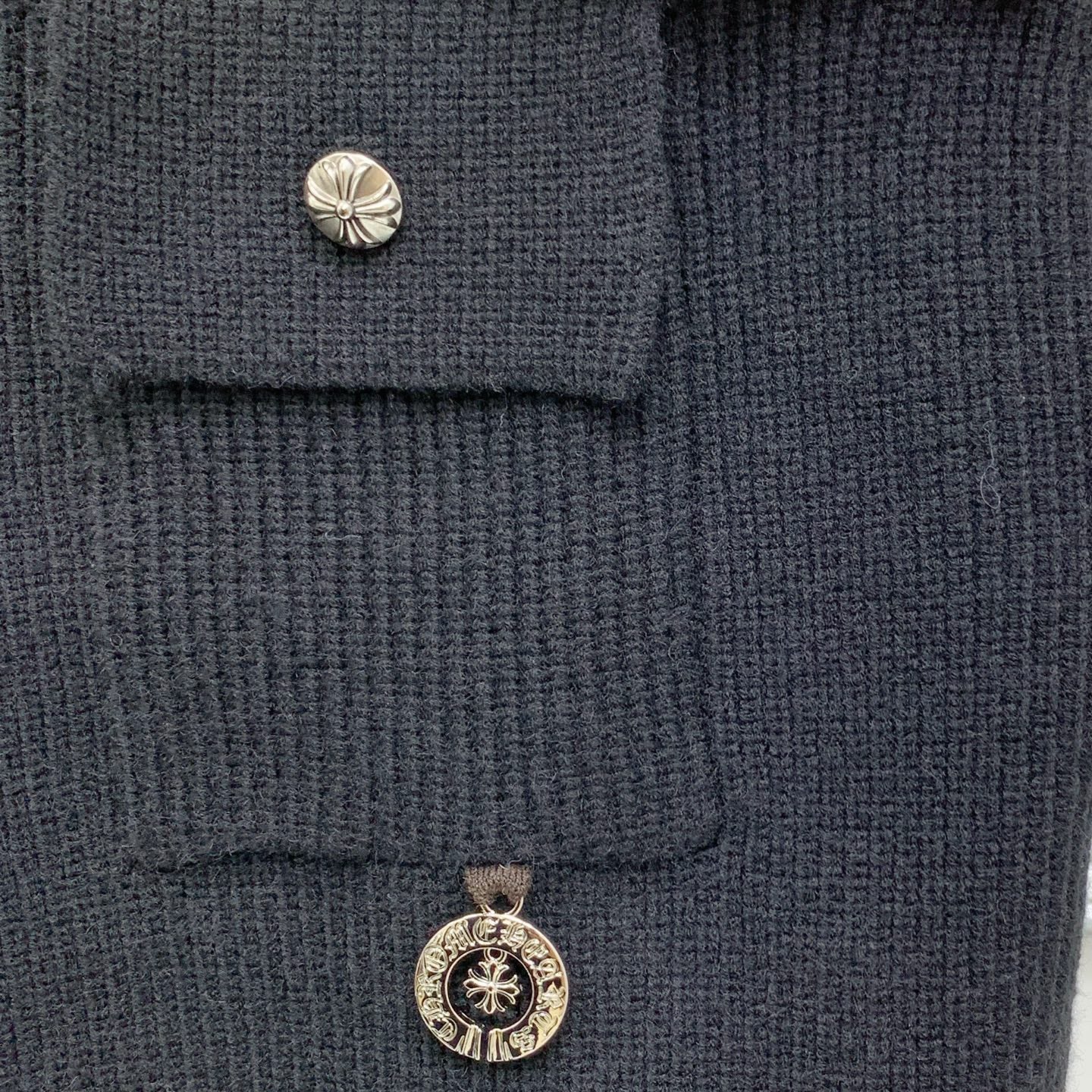 Chrome Hearts Inspired Black Knit Cardigan With Gold Button And Pocket Details