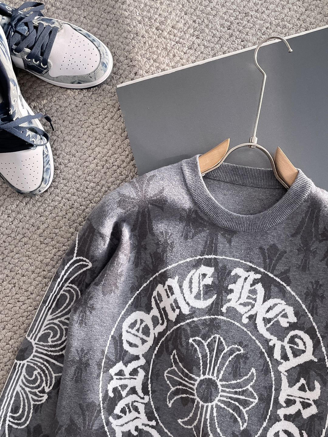 Chrome Hearts Style Grey Crew Neck Sweater With Cross And Logo Print