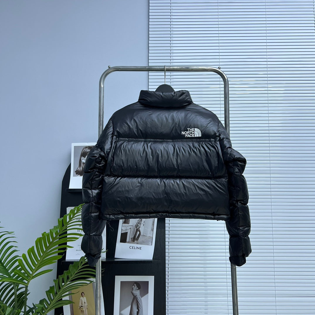 The North Face Black Glossy Cropped Nuptse Puffer Jacket For Winter Warmth