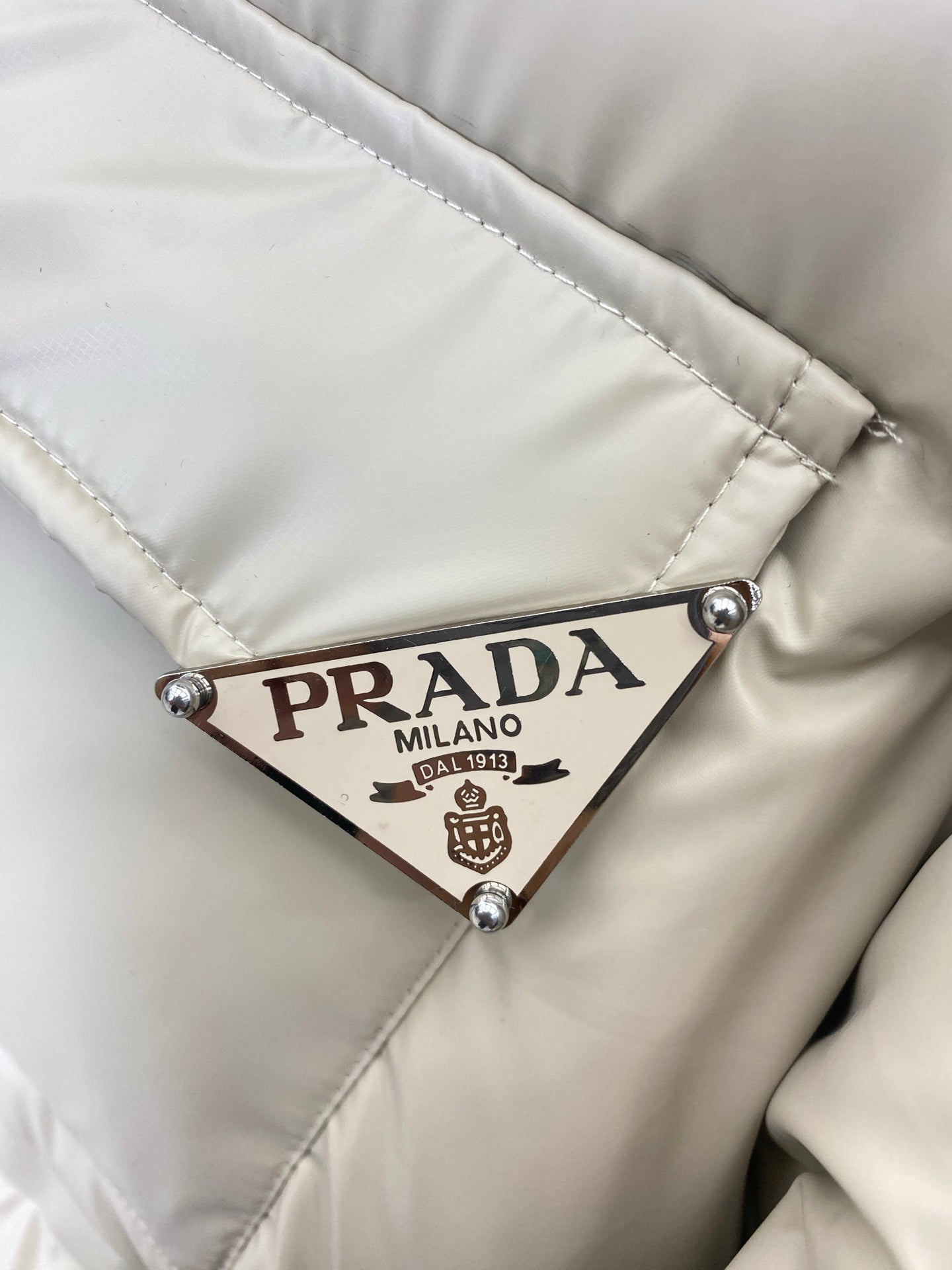 Beige Prada Hooded Puffer Jacket With Logo Pocket