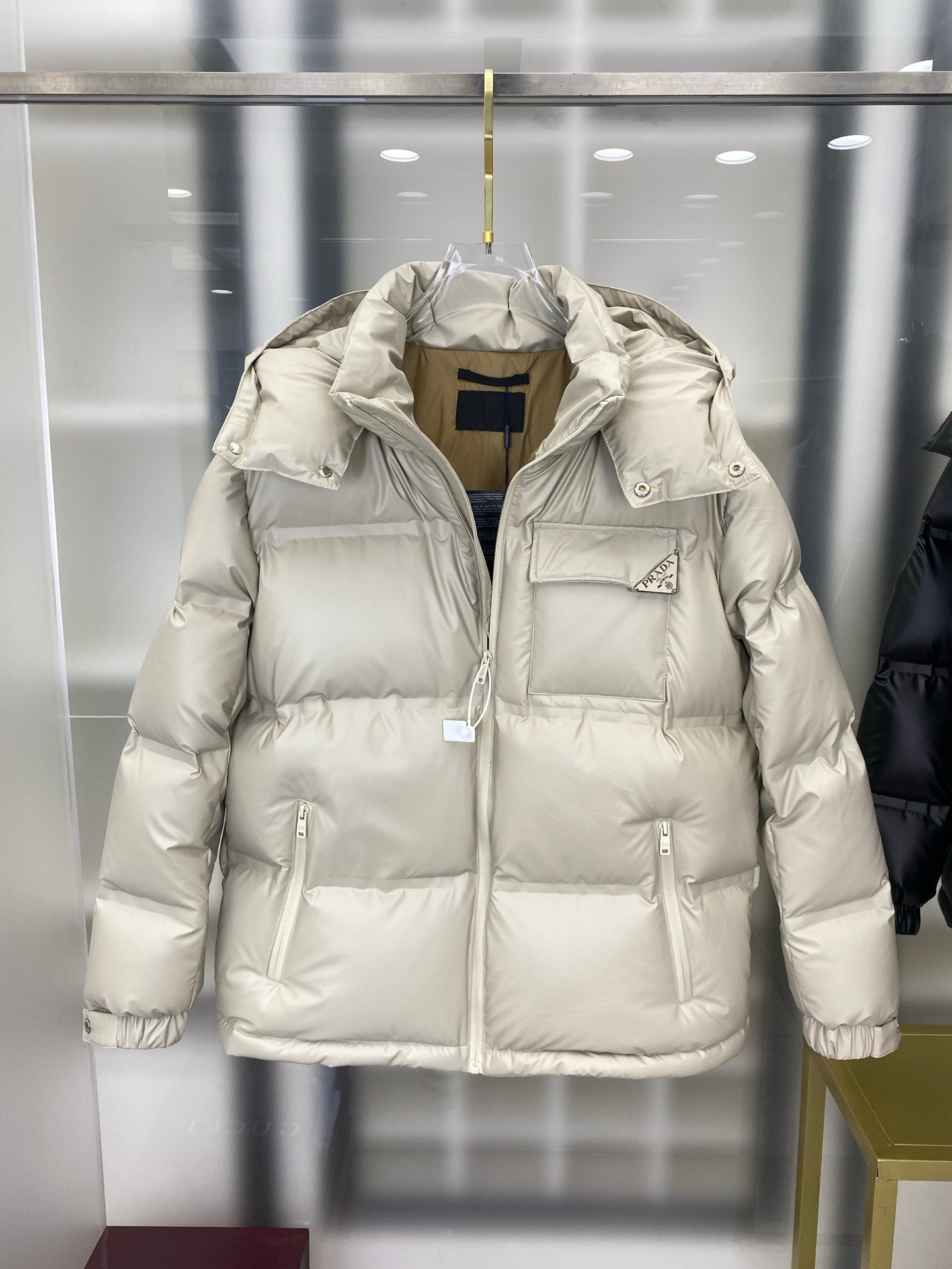 Beige Prada Hooded Puffer Jacket With Logo Pocket