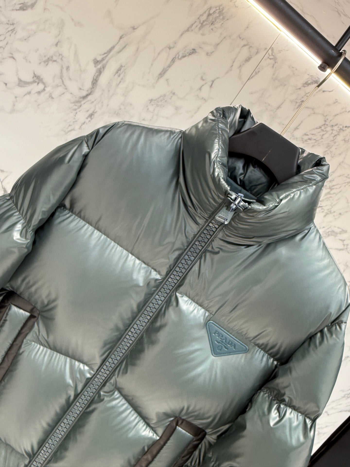 Prada Green High - Neck Down Jacket With Triangle Logo