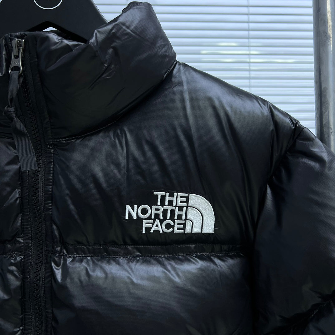 The North Face Black Glossy Cropped Nuptse Puffer Jacket For Winter Warmth