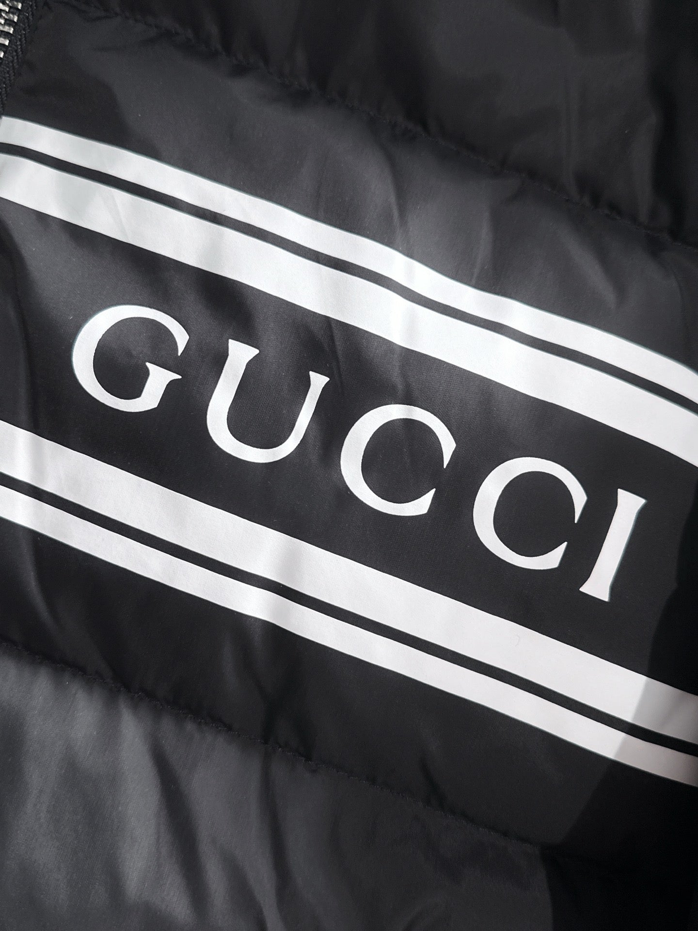 Gucci Black Hooded Down Jacket With Brand Logo Stripe