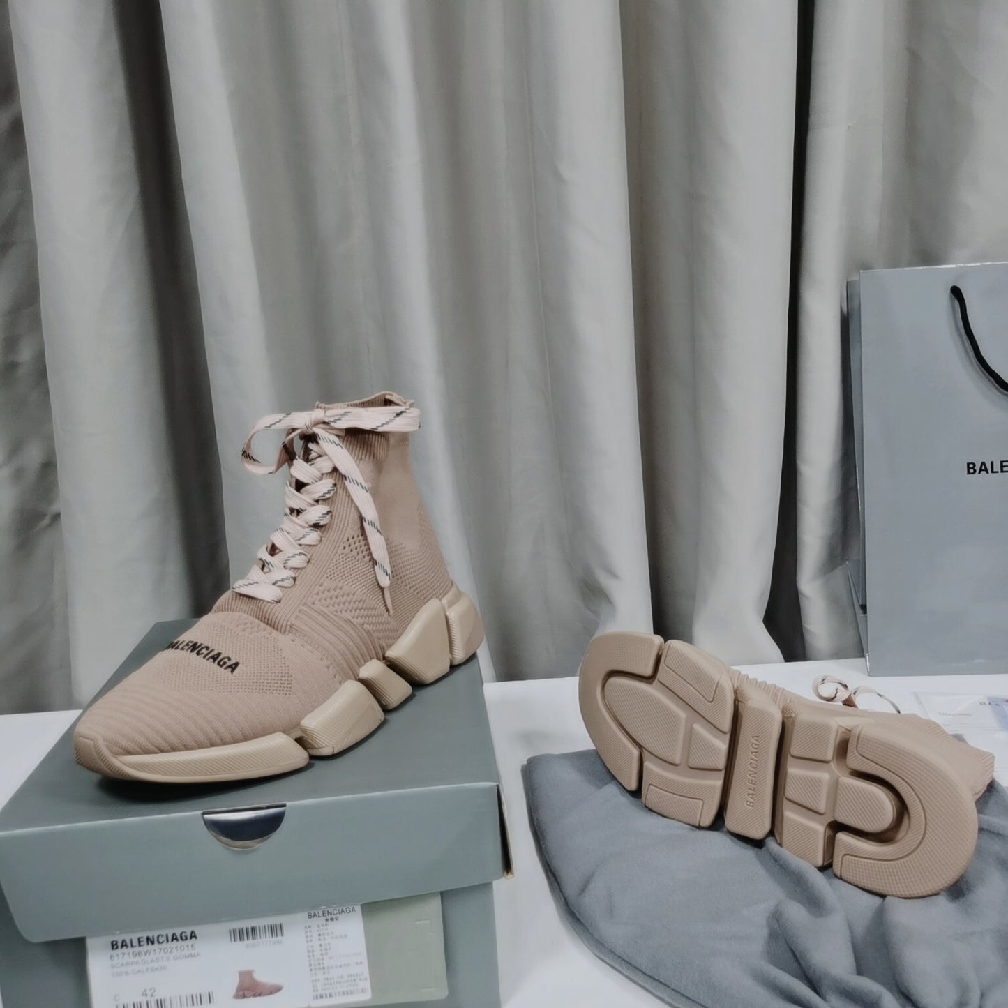 Balenciaga Unisex Beige Lace-up Sock Sneakers Stylish Footwear for Fashion-conscious Men and Women