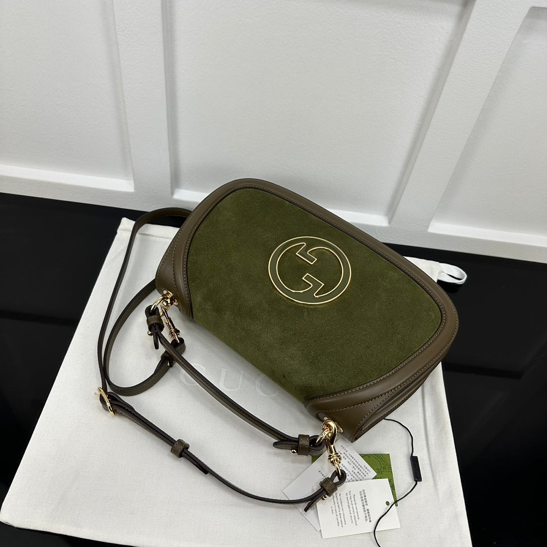 Gucci Olive Green/Brown Suede Shoulder Bag With Gold Tone Interlocking G Logo And Leather Trims