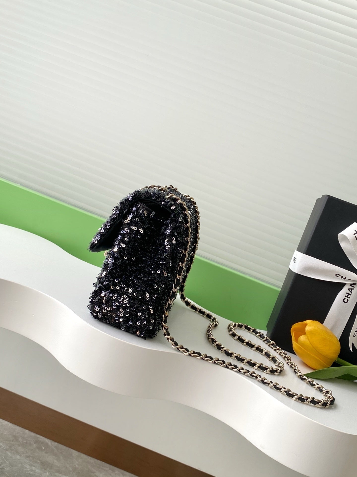 Chanel Black Sequin - Embellished Handbag With Gold CC Logo And Chain Strap AS4561