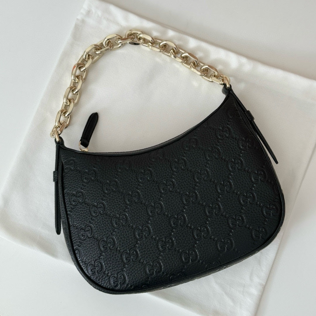Gucci Black Embossed GG Leather Hobo Bag with Chunky Gold - Tone Chain Accent 815409