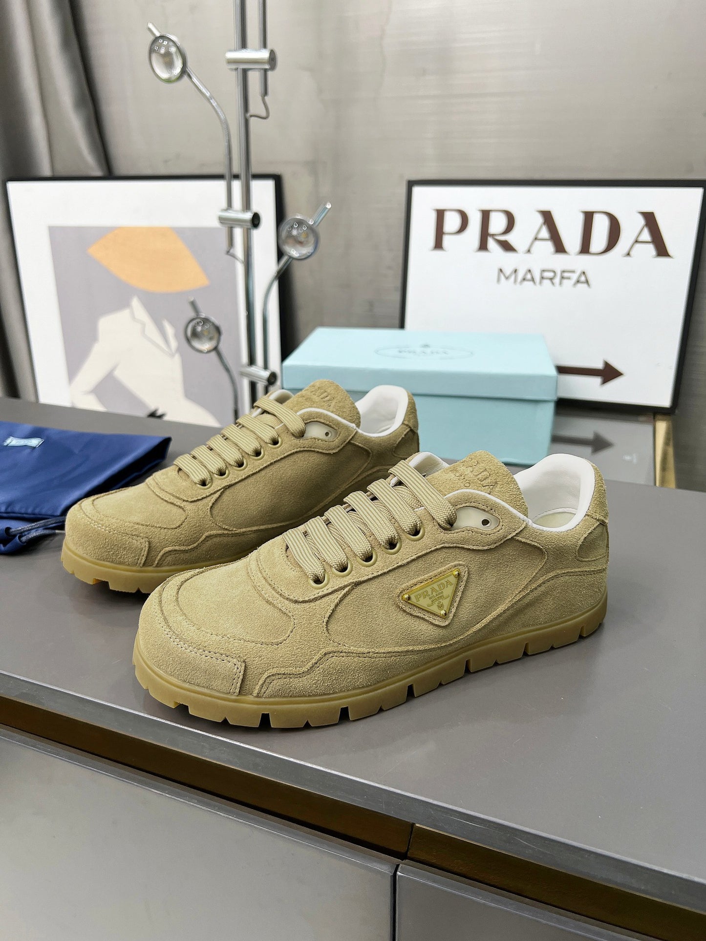 Prada Unisex Sneakers Triangle Logo Suede Luxury Sneakers