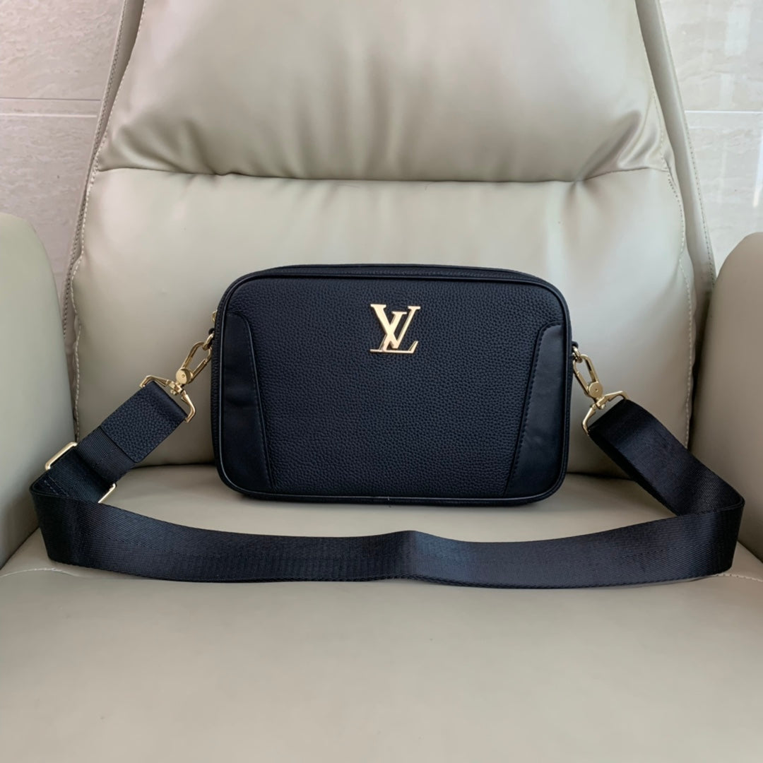 Elegant Black Louis Vuitton Crossbody Bag with Gold Logo and Adjustable Strap