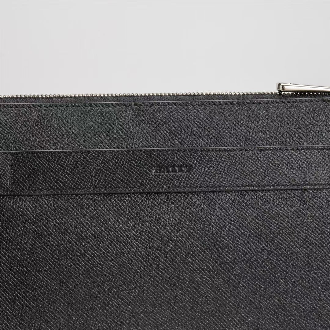 Black Bally Leather Clutch With Signature Striped Accent And Wrist Strap For Sophisticated Style No.1825