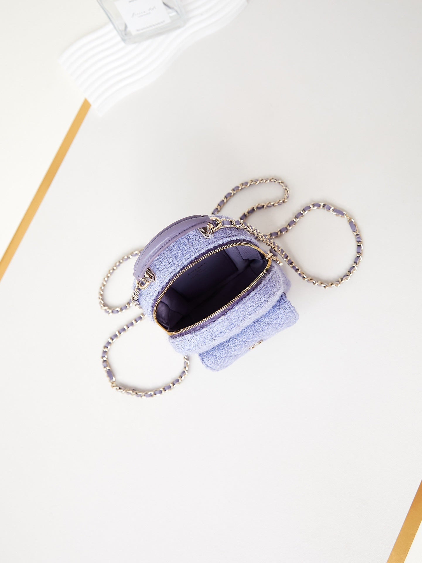 Chanel Mini Backpack in Lavender Tweed with Quilted Pattern and Gold - Tone Chain Straps AP3753