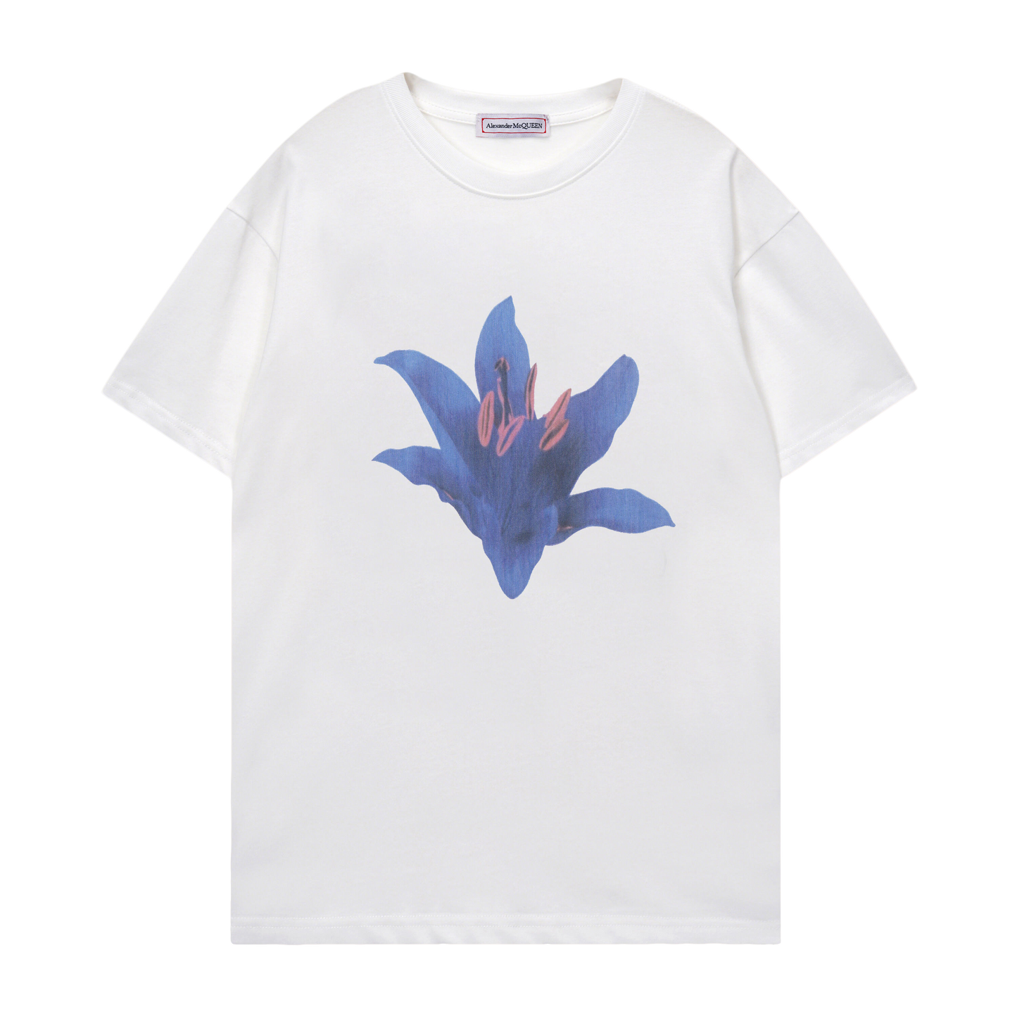 Alexander McQueen White/Black T - Shirt With Stunning Blue Flower Graphic Design