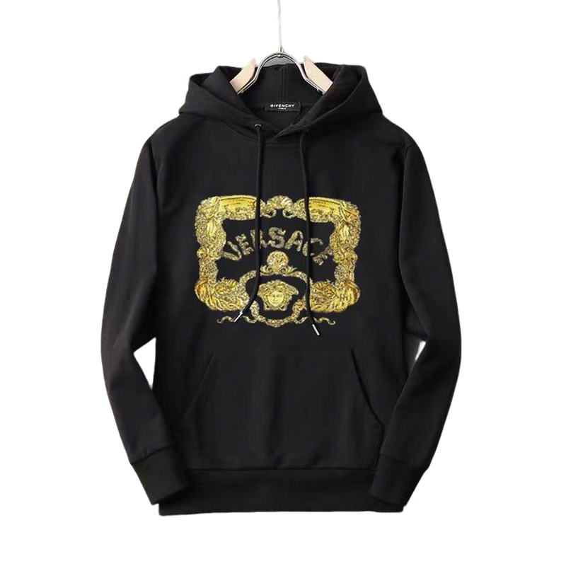 Versace Black Hoodie With Gold - Embroidered Logo And Ornate Pattern Design