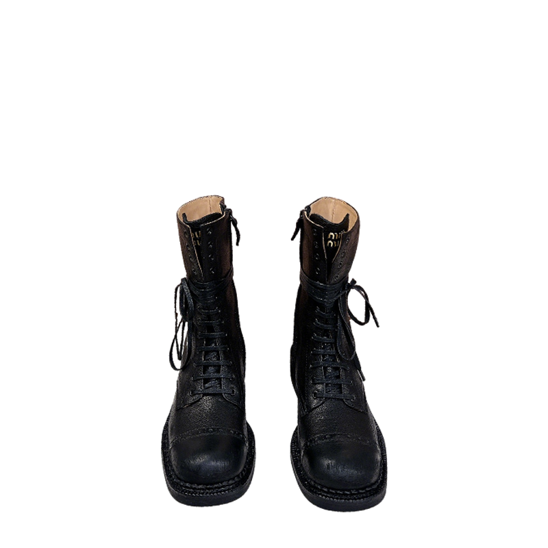 Miu Miu Women's Black Leather Lace - Up Mid - Calf Boots