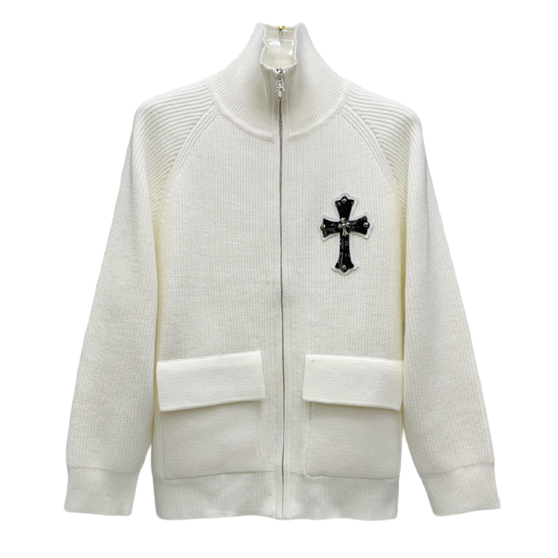 Chrome Hearts Style White Knit Zip-Up Cardigan With Cross Emblem And Pockets