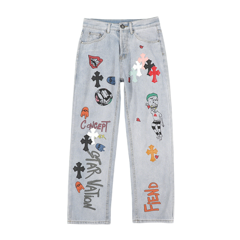 Chrome Hearts Inspired Light Blue Jeans With Colorful Graffiti Art