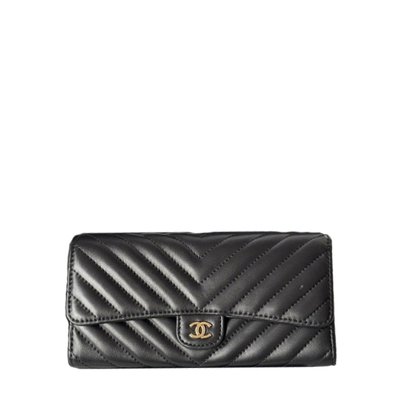 Chanel Black Chevron - Quilted Leather Long Wallet With Gold - Tone CC Logo 80758