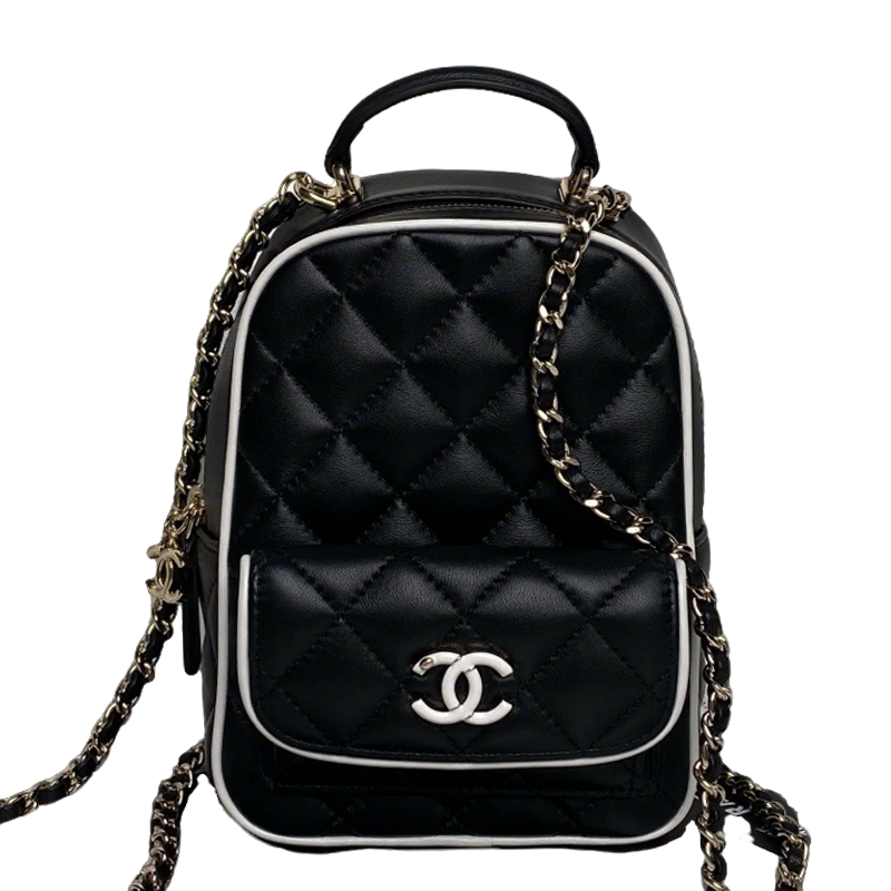 Chanel Quilted Black Leather Mini Backpack with White Trim and Gold - Tone Chain Straps AP4514