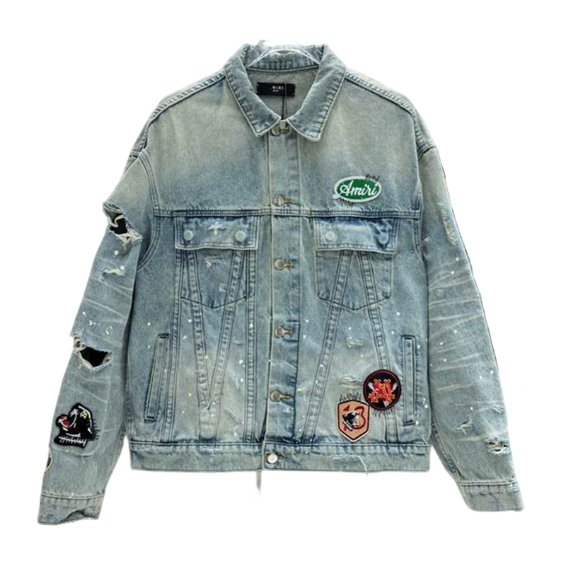 Amiri Distressed Denim Jacket With Patches And Splatter Details