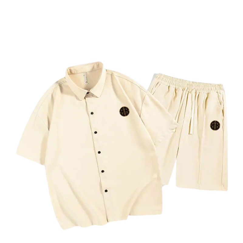 Balenciaga Beige Short Sleeve Shirt And Shorts Set With Logo