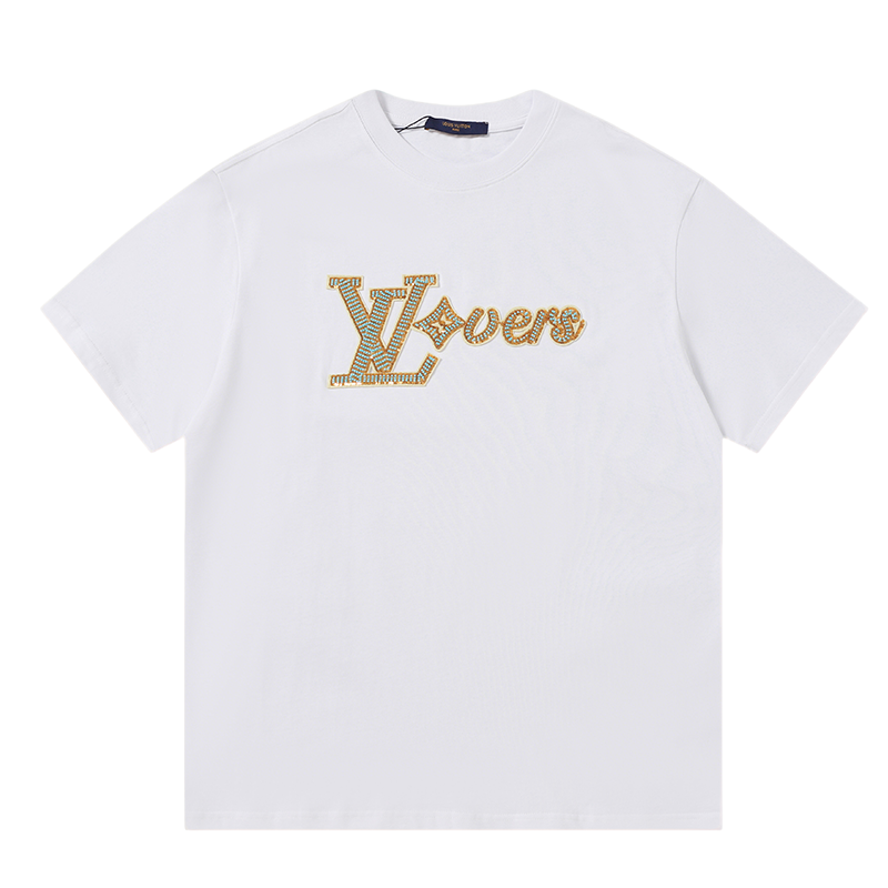 Louis Vuitton White/Black/Blue T - Shirt Featuring Embroidered "LV Lovers" Logo Design