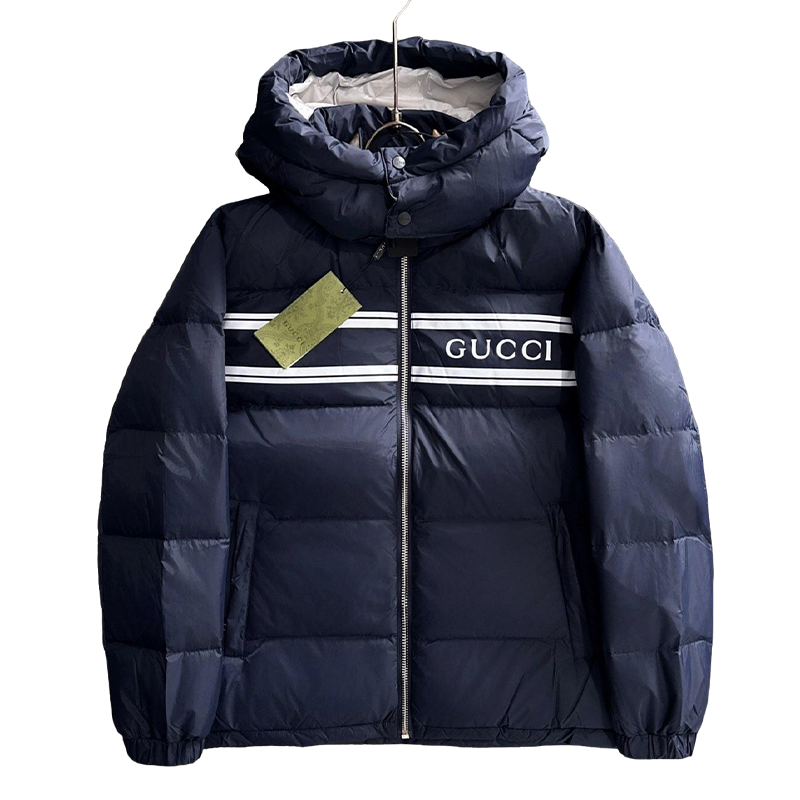 Gucci Navy Blue Hooded Down Jacket With Brand Logo Stripe